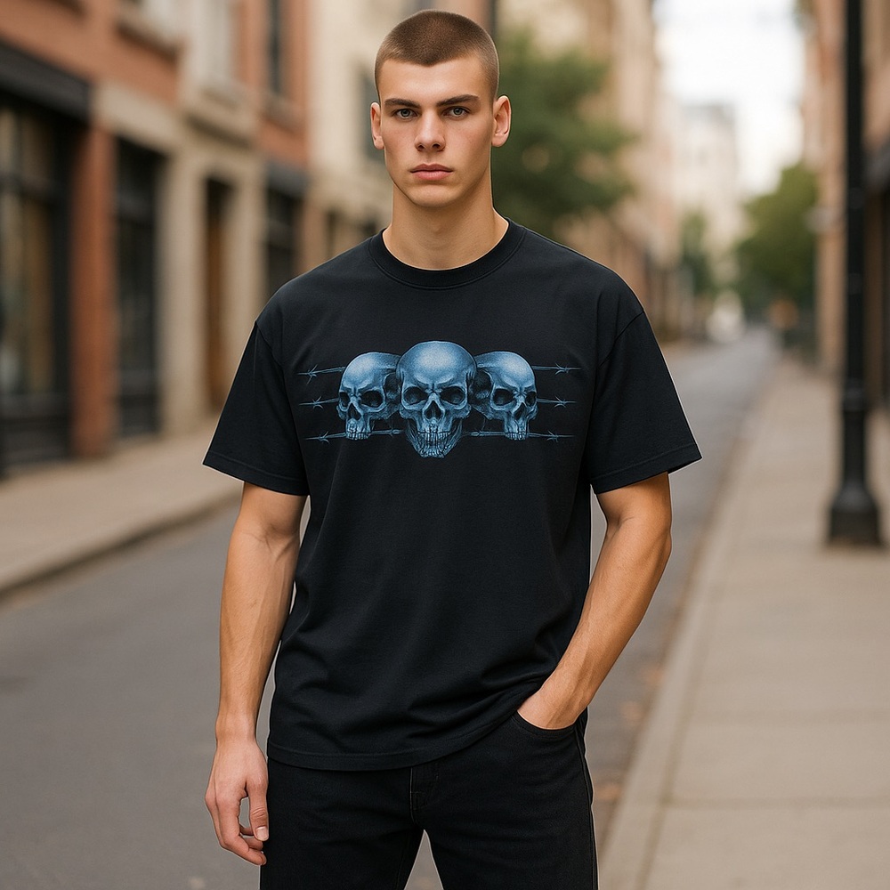 Barbed Wire Skulls Western Biker Motorcycle Deadstock Shirt Fence Head Rugged